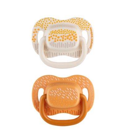 CANPOL 34/930 Suzetă orthodontică din silicon simetrică 0-6 luni MOUNTAINS 2 bucăți galben.