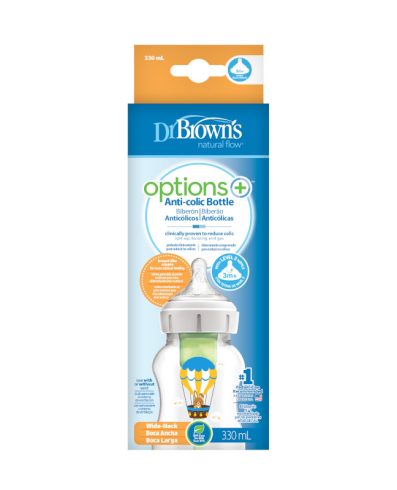 Dr. Browns WB111002 Biberon cu gât larg 330 ml OPȚIUNI + Suzetă + 3M, Decor: Iepure cu baloane