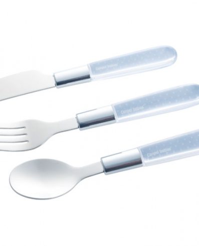 CANPOL 9/477 Tacâmuri metalice pentru copii lingură, furculiță, cuțit /alb/gri*