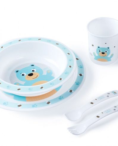 Set de tacâmuri din plastic CANPOL 4/401 Animale drăguțe cu ursuleți de pluș, turcoaz