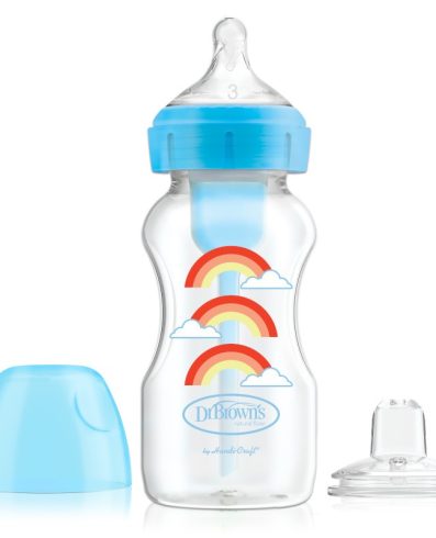 Dr. Brown's WB91605 Sticlă cu gât lat 270ml Opțiuni + decorată cu suzetă 6+ și capacitate anti-curgere, albastră